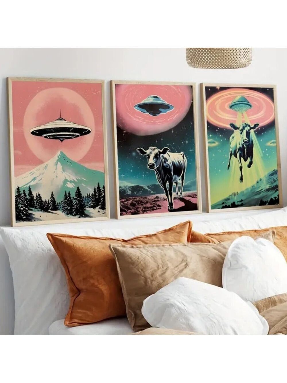 Cow Abduction Triptych Canvas Set Print Wall Art